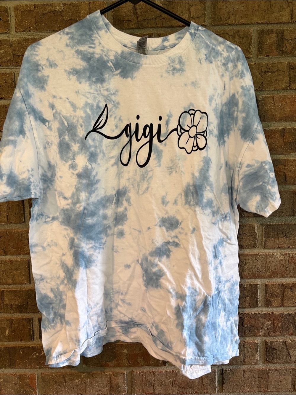Gildan Blue and White Tie-Dye Short Sleeve Tee with "gigi" Script